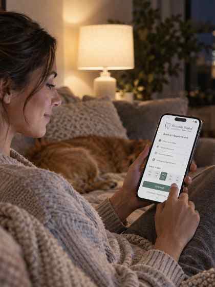 A patient booking a dental appointment on their phone at home