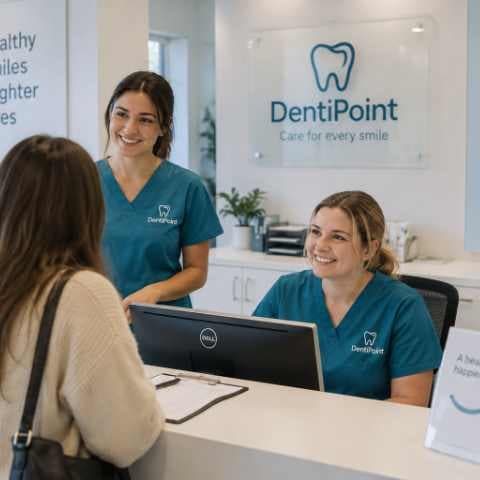 A patient smiling as they leave a dental practice