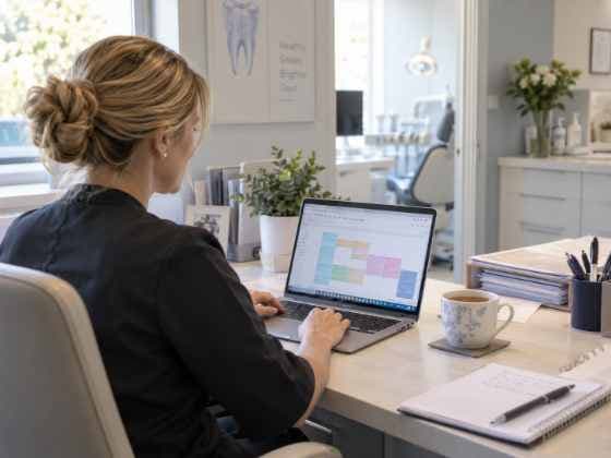 A practice manager setting up the diary on a laptop