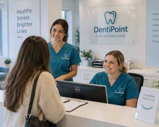 Two dental receptionists greeting a patient at the front desk